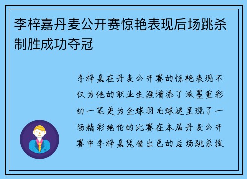 李梓嘉丹麦公开赛惊艳表现后场跳杀制胜成功夺冠