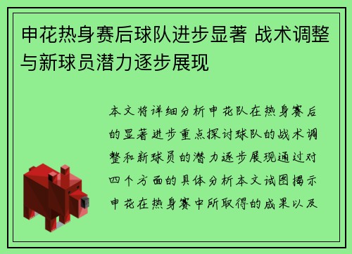 申花热身赛后球队进步显著 战术调整与新球员潜力逐步展现